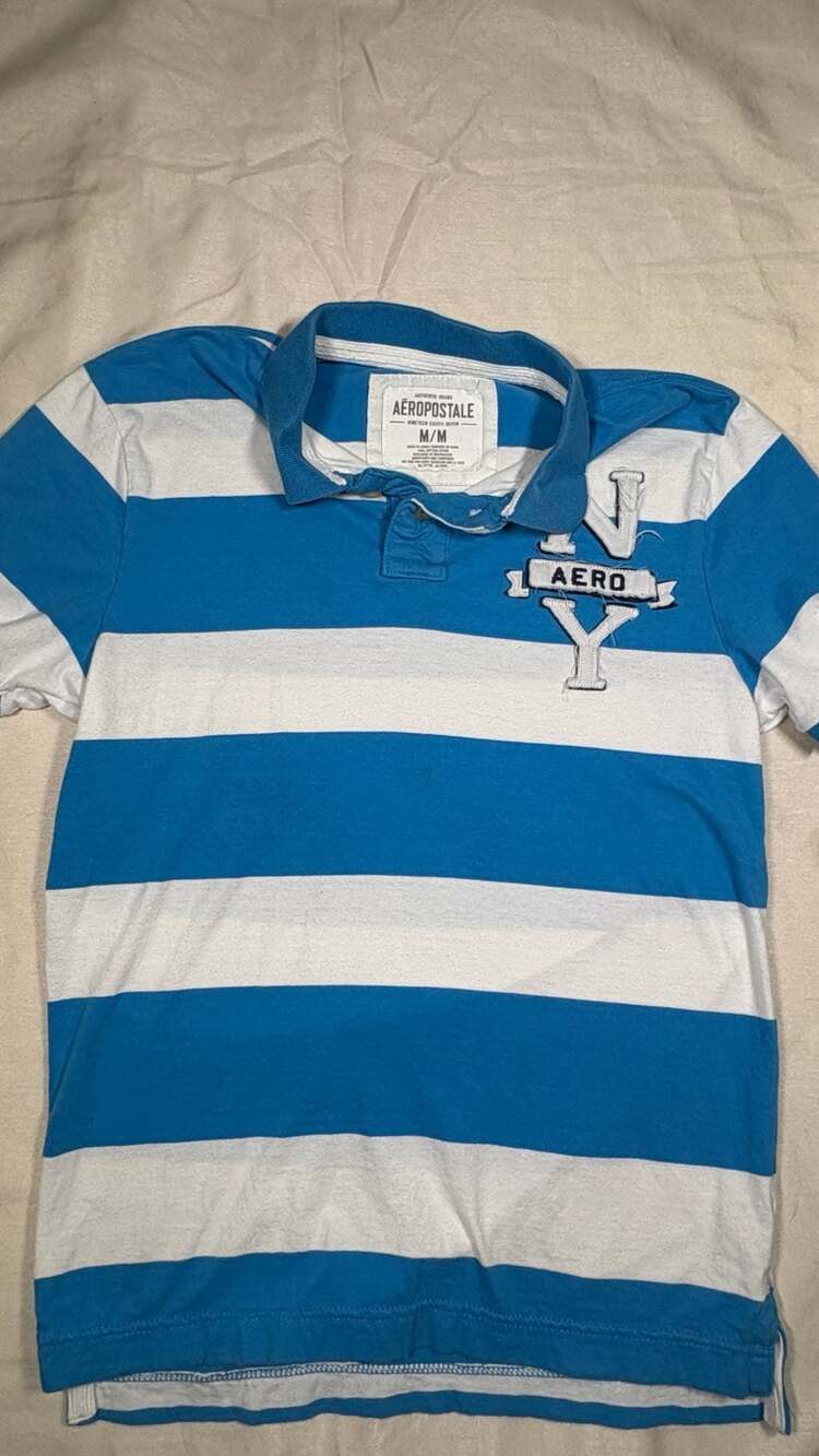 Aeropostale Polo Shirt Size M Blue White Striped NY Graphic Y2K